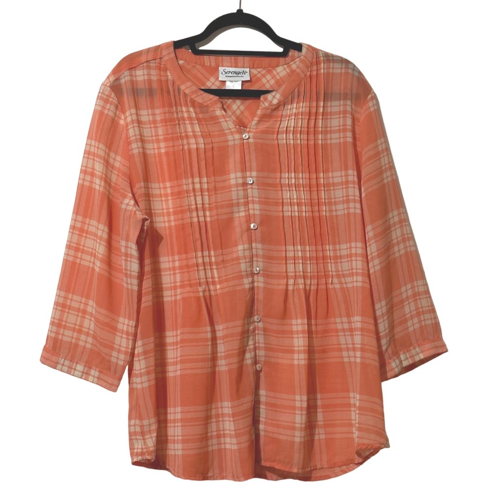 Serengeti Size Xl Orange Plaid Pin Tuck Button Front Lightweight Boho Top